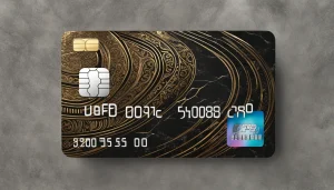 Cartão de crédito dourado e ornamentado cercado por cartões menores coloridos em superfície de mármore preto.